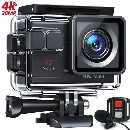 Victure AC700 4K 20MP Action Camera, PC Webcam with External Microphone Remote Control EIS 40M Underwater Recording Camera, Waterproof Sports Video Cam, 2 Batteries and Accessories Kit Included