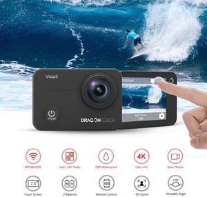 Dragon Touch Vista 5 Action Camera Native 4K 20MP Ultra HD Touch Screen EIS 4X Zoom Remote Control WiFi Waterproof Camera Support External Mic 2x 1350mAh Batteries and Mounting Accessories Kit (Black)