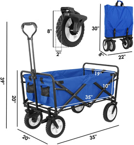 HEMBOR Collapsible Outdoor Utility Wagon, Heavy Duty Folding Garden Portable Hand Cart, with 8" Rubber Wheels and Brake Wheels, Adjustable Handles and Double Fabric, for Shopping,Picnic,Beach (Blue)