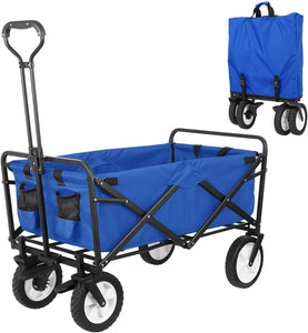 HEMBOR Collapsible Outdoor Utility Wagon, Heavy Duty Folding Garden Portable Hand Cart, with 8" Rubber Wheels and Brake Wheels, Adjustable Handles and Double Fabric, for Shopping,Picnic,Beach (Blue)