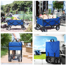 HEMBOR Collapsible Outdoor Utility Wagon, Heavy Duty Folding Garden Portable Hand Cart, with 8" Rubber Wheels and Brake Wheels, Adjustable Handles and Double Fabric, for Shopping,Picnic,Beach (Blue)