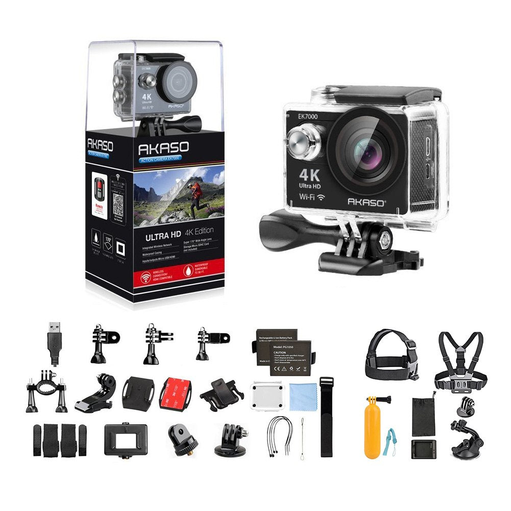 AKASO EK7000 Ultra HD 4K WIFI 170 Degree Wide Waterproof Sports Action DV Camcorder Silver (EK7000) with 7 in 1 Camera Accessories (Black)