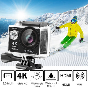 AKASO EK7000 Ultra HD 4K WIFI 170 Degree Wide Waterproof Sports Action DV Camcorder Silver (EK7000) with 7 in 1 Camera Accessories (Black)