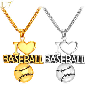 Heart Necklace For Baseball Fan Stainless Sports Jewelry Gold Color "I Love Baseball" Charm Pendant For Men /Women Gift P848