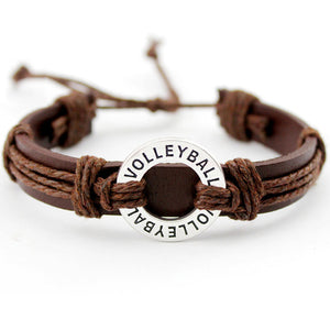 Football Soccer Softball Volleyball Lacrosse Hockey Basketball Swim Charm Brown Leather Bracelets Women Men Unisex Jewelry Gift
