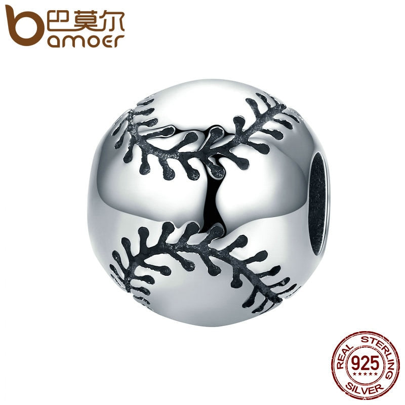 Collection Real 925 Sterling Silver Sport Baseball Round Ball Beads Fit Charm Bracelet DIY Jewelry S925 SCC449
